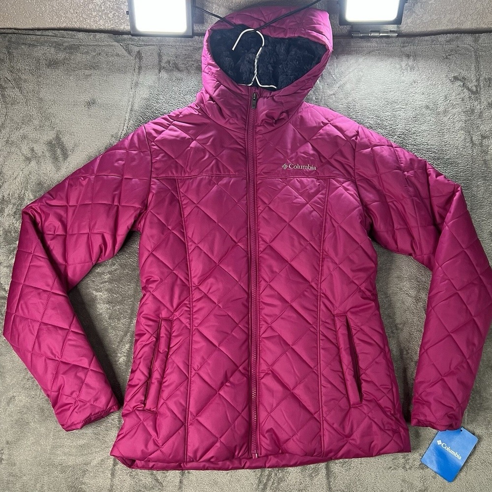 Columbia Copper Crest Hooded‎ Jacket Womens Medium Magenta Quilted Fleece Lined